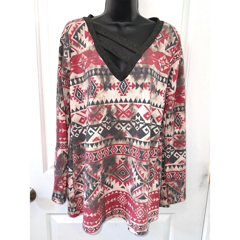 Heimish red & grey Aztec print long sleeve top